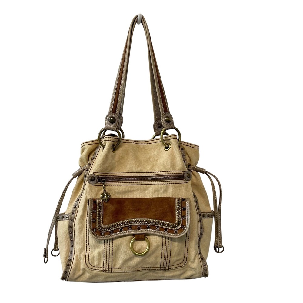 Vintage Y2K Kathy Van Zeeland Canvas Tote Bag‎ Beige Brown Pocket Studs Safari